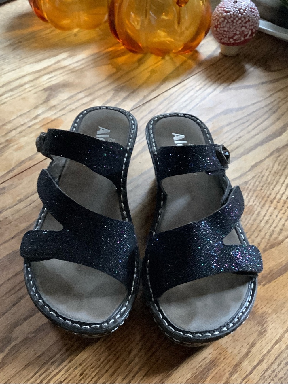 Alegria Black Glitter Triple-Strap Comfort Sandals